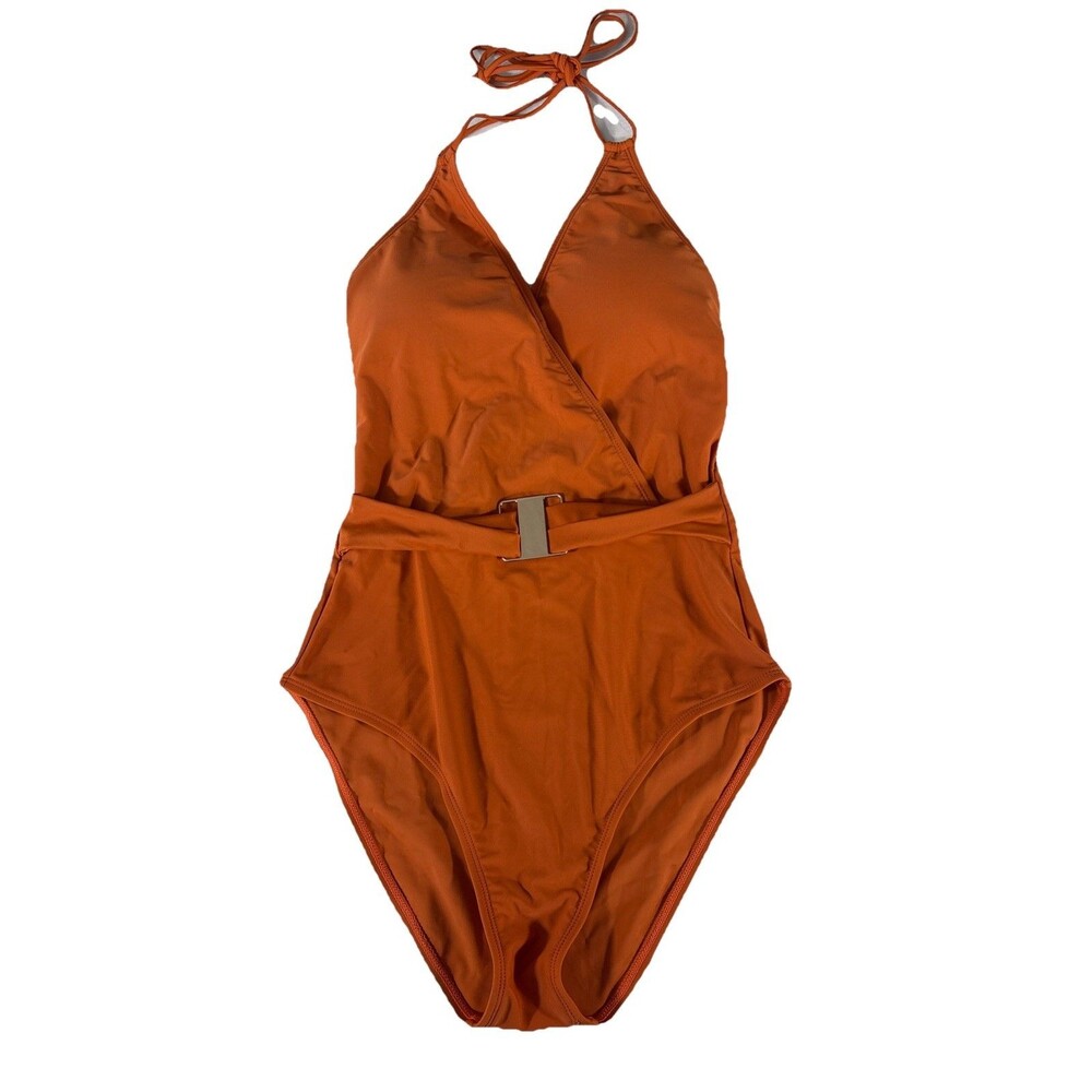 Grace Karen Burnt Orange Belted Wrap One Piece High Cut Small Swimsuit New